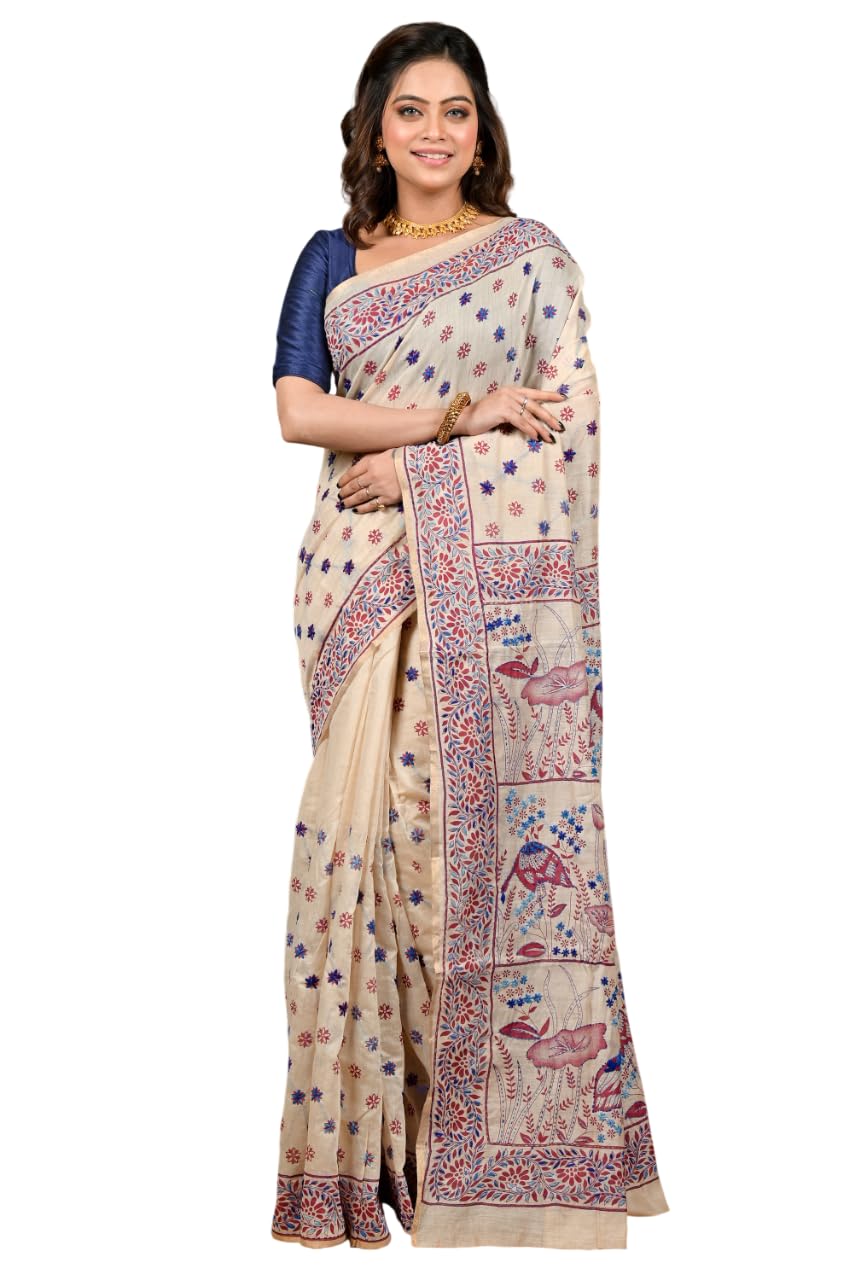 dipdiya Traditional Bengali Kantha Stitch Saree, Pure Cotton Handloom with Floral Motifs, Unstitched Blouse Piece-picture-48