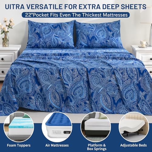 Bedlifes King Size Extra Deep Pocket Sheet Sets - Fits Mattresses Up to 18-24" Thick, 4-Piece Microfiber Set with 1800 Thread Count, Soft, Smooth, Breathable, Featuring Paisley Dark Navy Blue