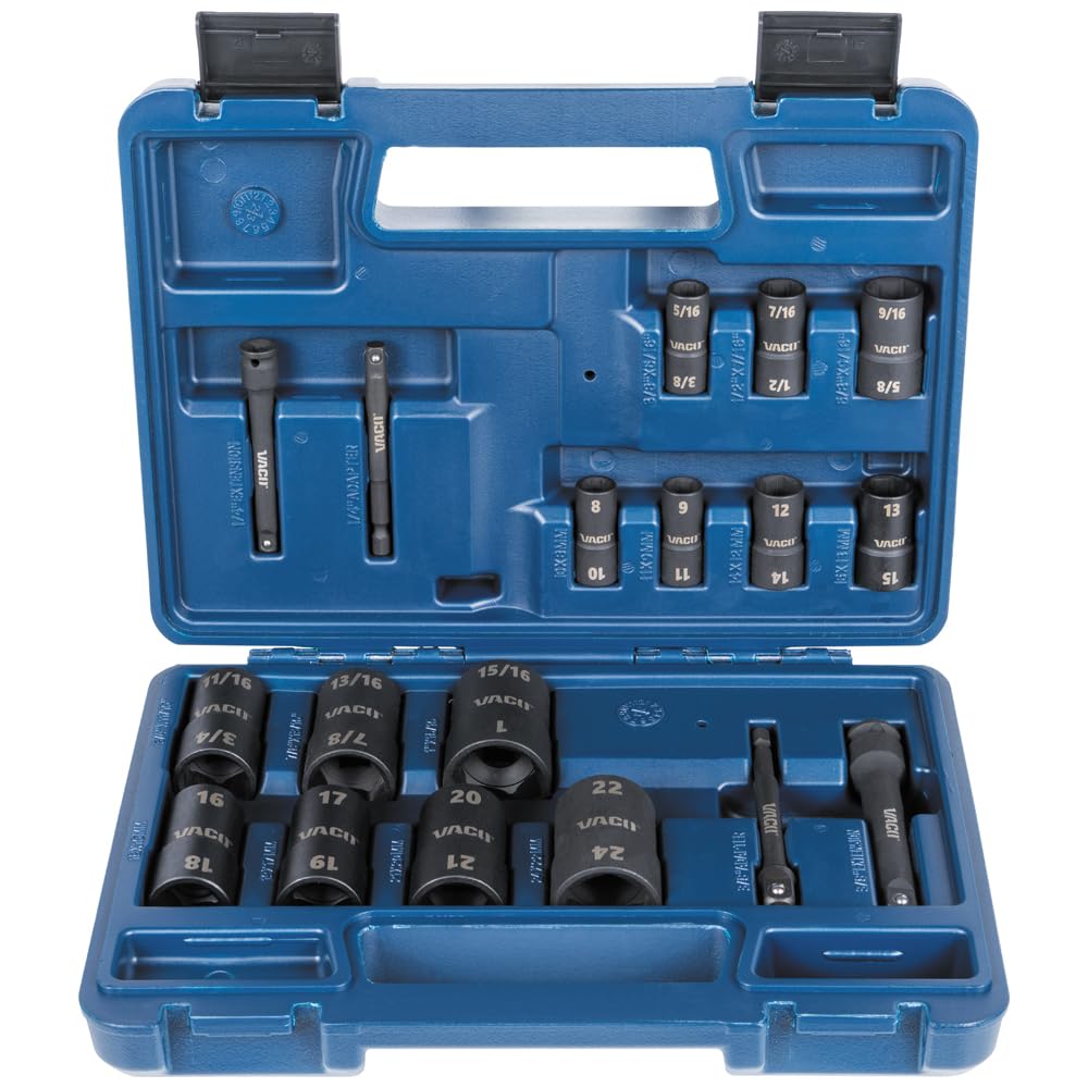 VACOVAC4182 18-Piece 2-in-1 Impact Flip Socket Set with Case, Adapters, Ratchet, 14 Sockets, 28 SAE and Metric Sizes for 1/4 and 3/8-Inch Drives