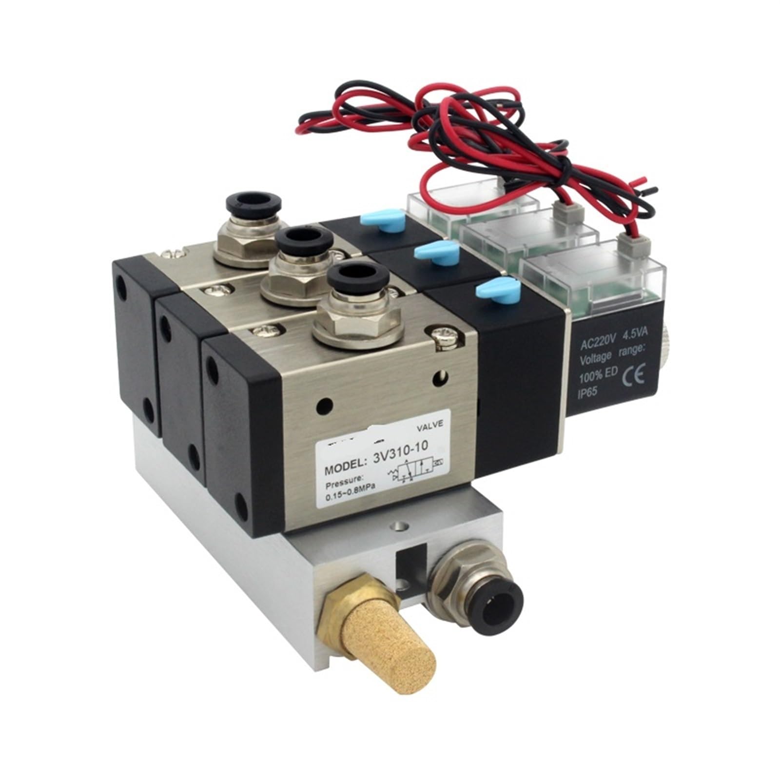 TREDSWQCV 3V310-10-NO Normally Open Solenoid Valve Stations Block with Muffler Fitting Base Manifold DC12v DC24v AC110v AC220v 3 Port 1Pcs(AC220V 8mm fittings)