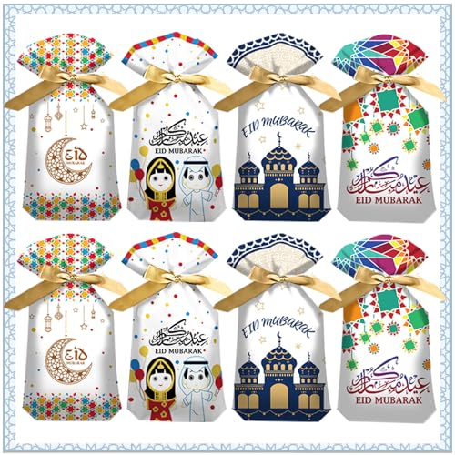 HaloCasa Sacchetti Regalo di Eid Mubarak, 60 Sacchetti Regalo Eid Mubarak con Coulisse in Confezione Bustine Borse Regalo Ramadan Sacchetto Caramelle per Dolci Regalo Festa Eid Mubarak Ramadan