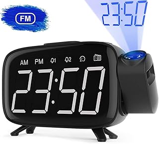 Projection Alarm Clock, Digital alarm clock Bedside 180° Adjustable Brightness,Alarm Clock radio 6'' LCD Snooze Function Sleep Timer and FM Radio