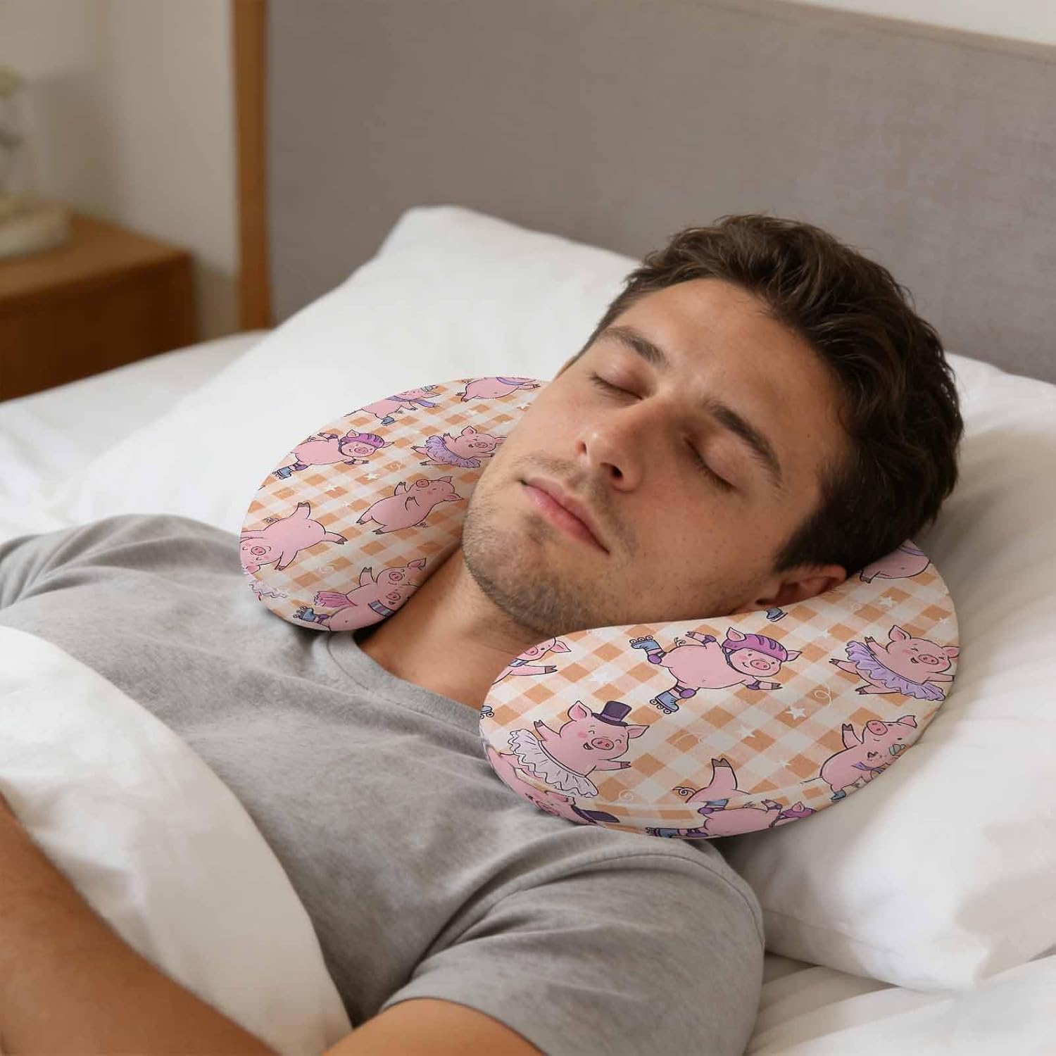 Neck Pillow Children's Day Cute Cartoon Pink Pig Travel Pillow Memory Foam U Shaped Pillows, Yellow Buffalo Plaid Travel Neck Pillows for Airplane Car Office Home Sleeping Rest