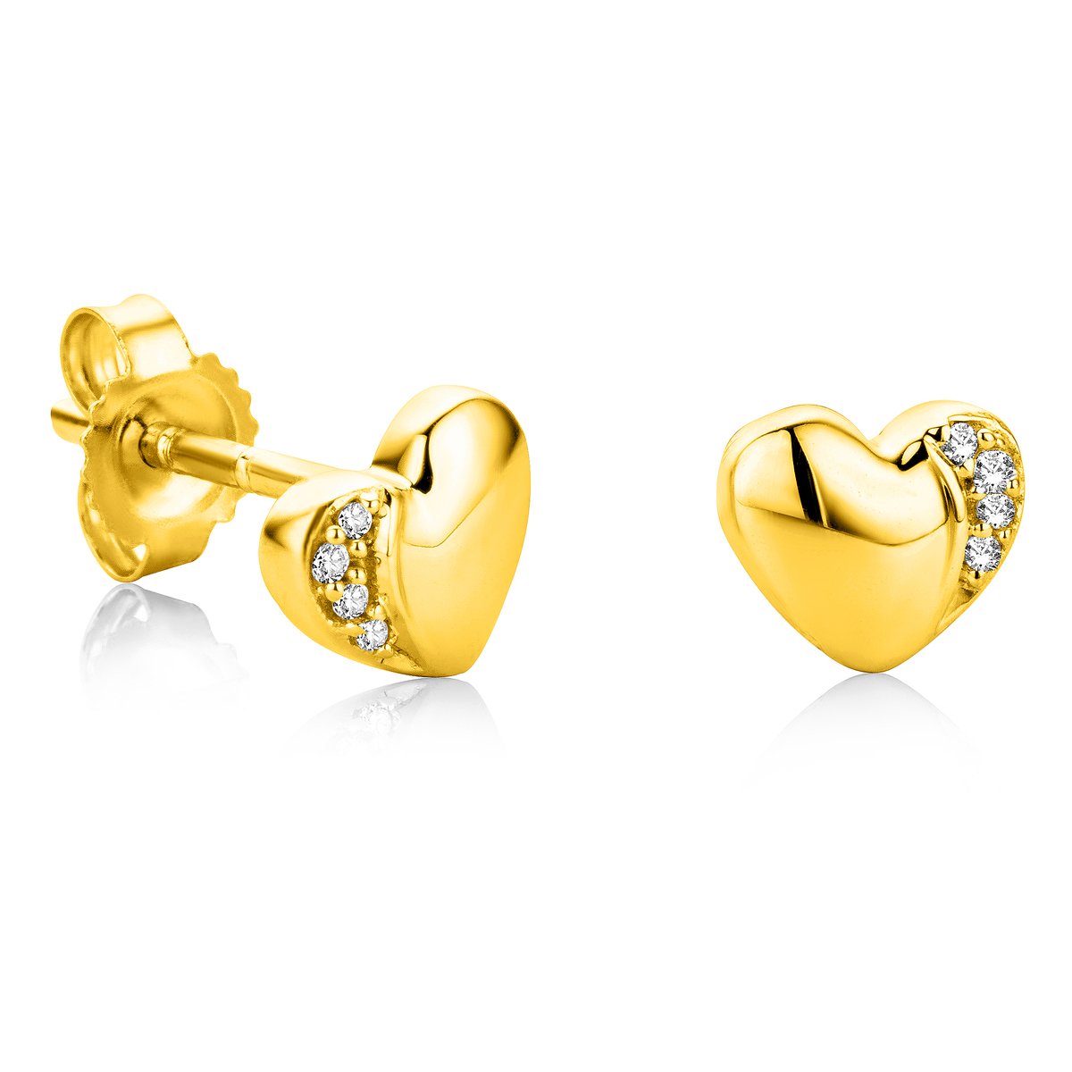 Orovi - Pendientes Corazón de Oro Amarillo para Mujer con Diamantes Naturales, Oro 375 de 9 quilates auténtico, Pendientes de Lóbulo Pequeño, Pendientes de Botón Hipoalergénicos.
