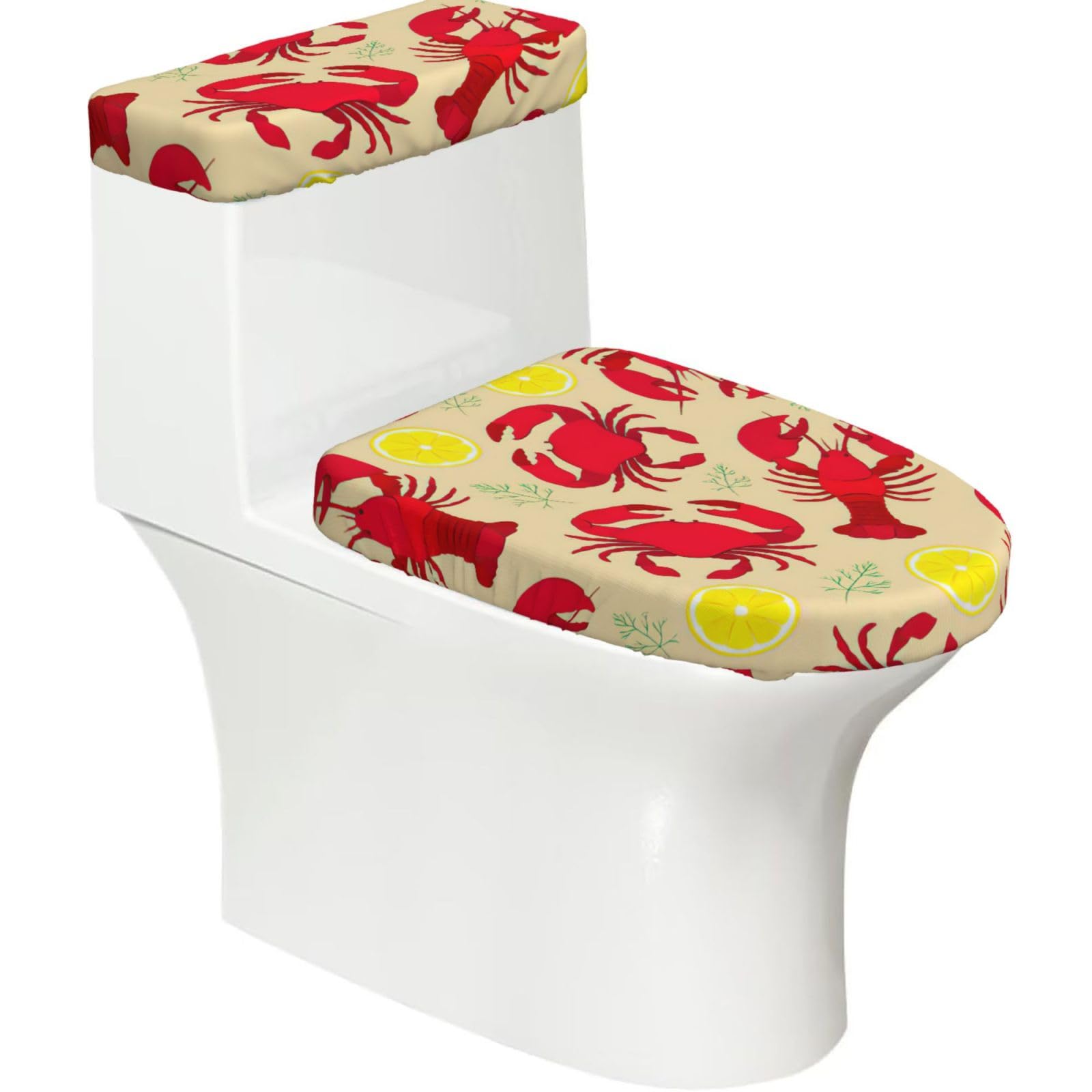 Lobster and Crab Print 2-Piece Stretch Toilet Cover Set, Elastic Breathable Toilet Seat and Tank Lid Protector