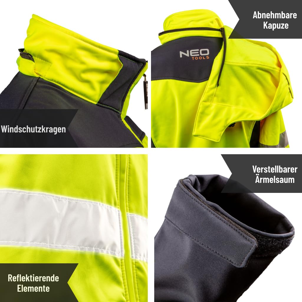 NEO TOOLS Softshell Warnjacke mit Reflektionsstreifen orange Neon gelb Arbeitsjacke Warnschutz Sicherheitshose