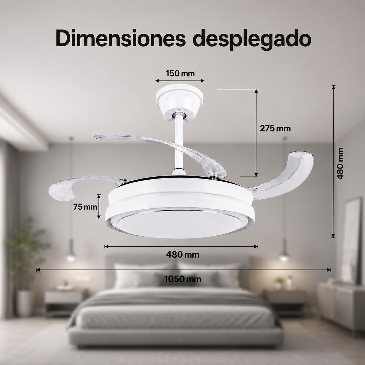 IluminaShop Ventilador de Techo con luz LED White-Faro Motor DC 30W+Luz 40W, Luz CCT Regulable y Control de Intensidad, Función Silenciosa, 6 Velocidades, 4 Aspas Retráctiles