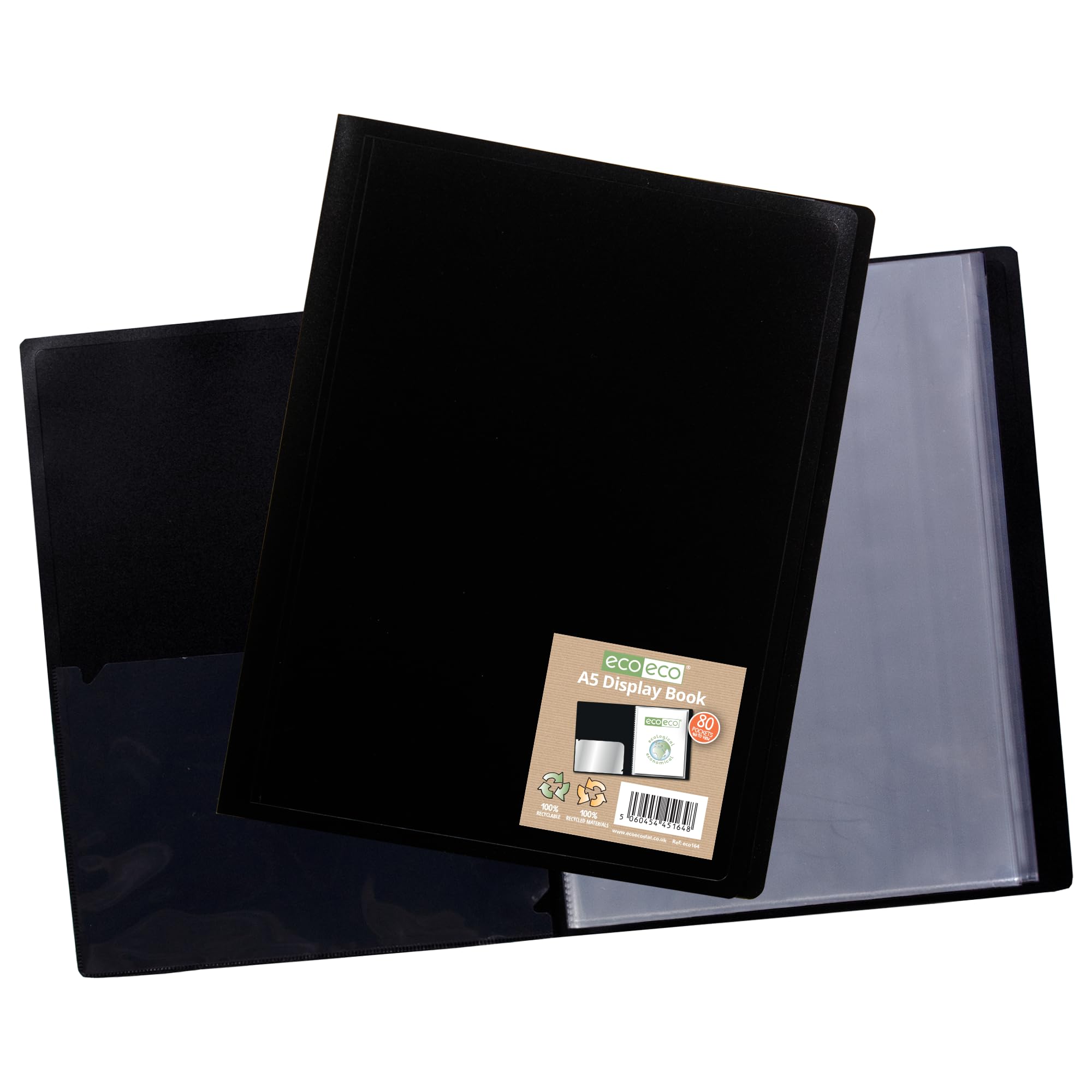 eco-eco A5 100% Recycled 80 Pocket Black Flexible Cover Portfolio Book Folder Display Book, eco164