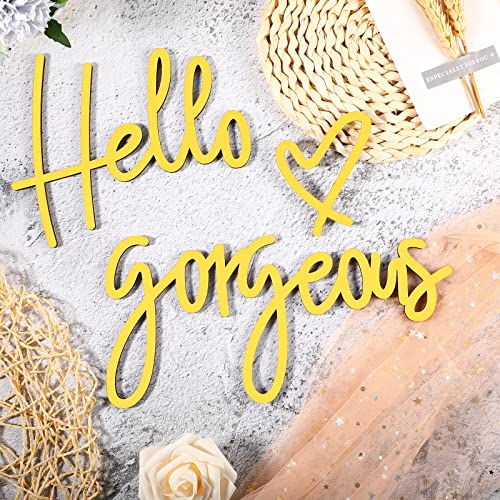 Image of Blulu Hello Gorgeous Wall Decor Sign Hello Gorgeous Wall Art Minimalist Wooden Words Decor for Lash Room, Salon, Vanity or Makeup Room, Bathroom, Bedroom, Office(Gold)