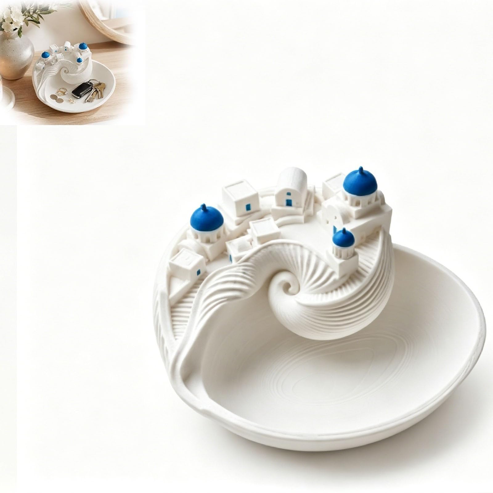 Santorin Coastal Seashell Catchall Bowl, 3D Printed PLA Trinket Organizer Dish, Greek Island Style Holder for Keys Coins Jewelry, Ornament for Entryway Table Dresser Nightstand, Father's Day (Blue)