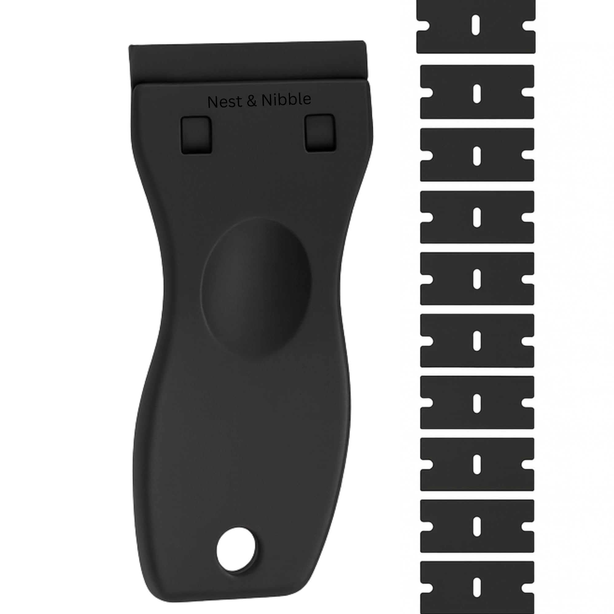 Nest & Nibble Plastic Scraper Tool Non Scratch with Blades Multipurpose Glass Scraper for Stickers Labels Decals Caulk Paint Residu, Adhesive, Paint Removal Glass Windows (Plastic Scraper & 10Blade)