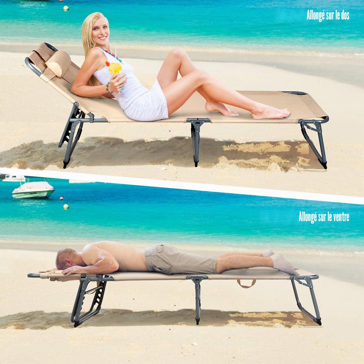 GIANTEX Chaise Longue Pliante avec Trou de Lecture, Transat Bain de Soleil Inclinable Ergonomie Oreiller Amovible 5 Positions Réglables, Transat de Jardin pour Jardin, Piscine, Terrasse (Beige)