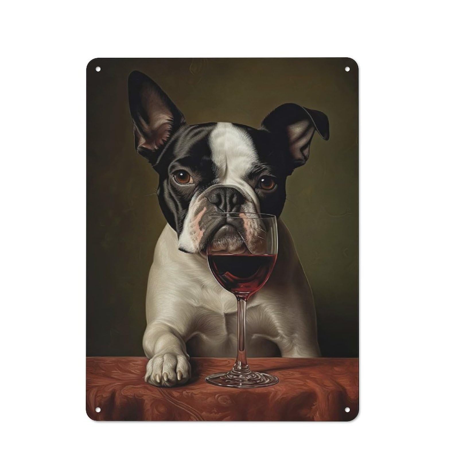 Metal Plaque 40x30cm with Boston Terrier Wine for Hallway Wall, Retro Decor, for Themed Interiors in Hallways And Entrance Areas