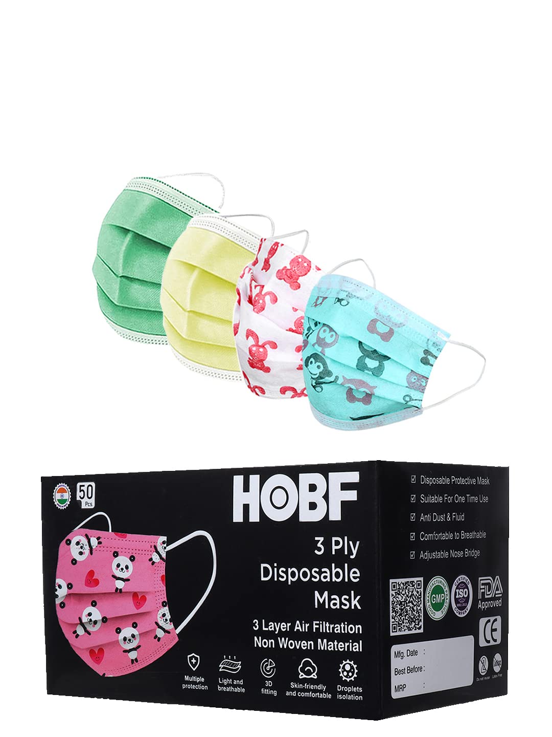 hobf Kids 3-Ply Disposable Surgical Face Mask, With Adjustable Nose Pin, Multicolors, Pack of 1 (100 Count,(Each color of masks 25 Pieces)) Kids Face Mask HOBF-3PLY-K-GR,YL,Pr.WH,Pr.GR (B0BG2XH71M) Amazon Price History, Amazon Price Tracker