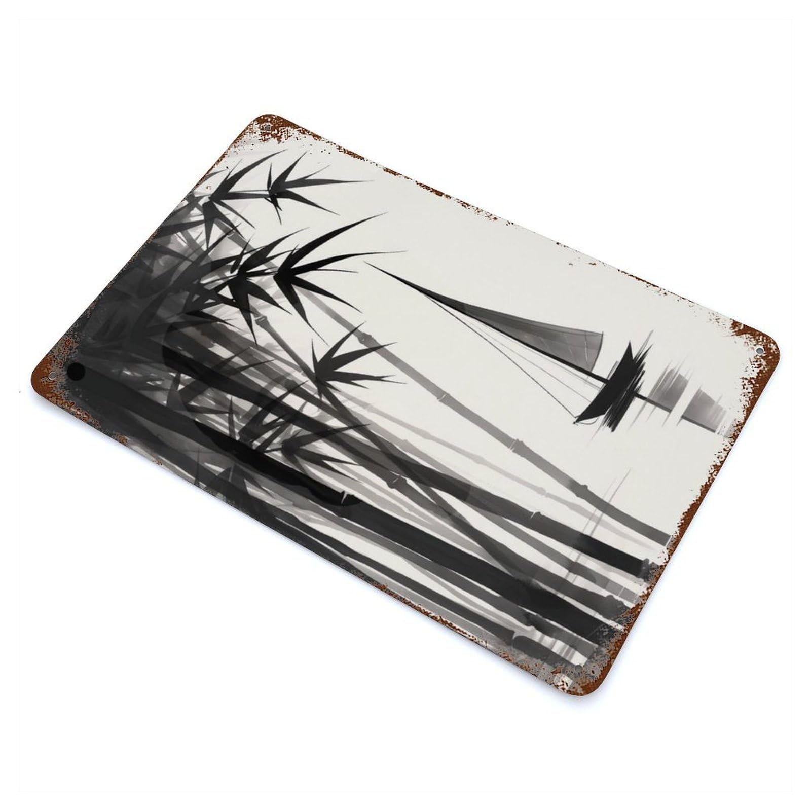 Rust Effect Bamboo Boat Peaceful Water Weathered Tin Sign 11.8"x7.9", Classic Wall Plaque for Living Room, Hallway And Home Decor