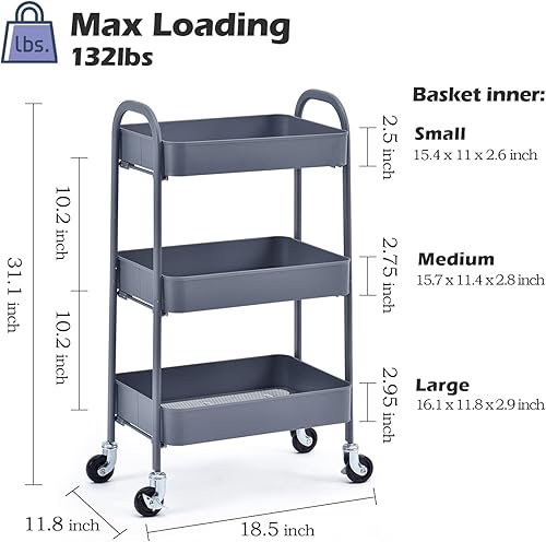Miniatura 6 de TOOLF Carrito con ruedas de 3 niveles, carrito utilitario de metal sin tornillos, fácil de montar, carrito de almacenamiento resistente con asas y