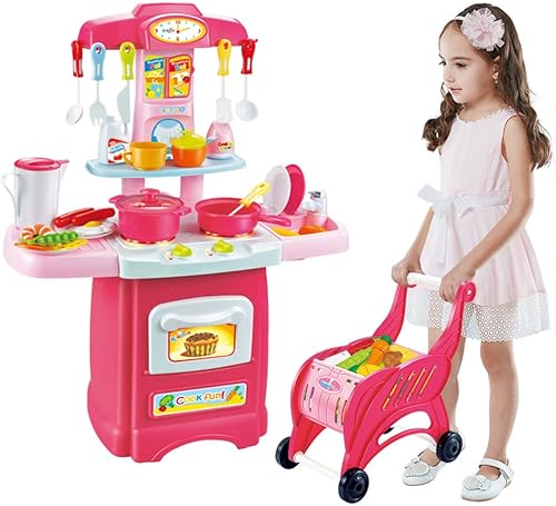 Juguete de cocina con carrito de compras para niños pequeños juego de simulación juego de cocina juego de 38 piezas de juego de cocina para niños