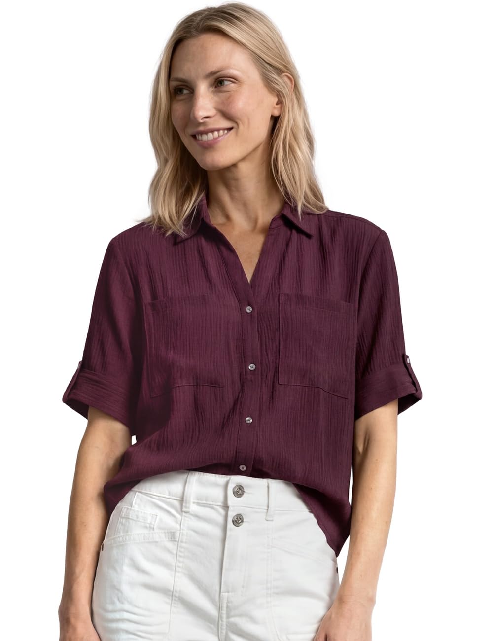 Street One Short Sleeve Shirt Blouse with Turn-Up Details Rustic Rouge 44