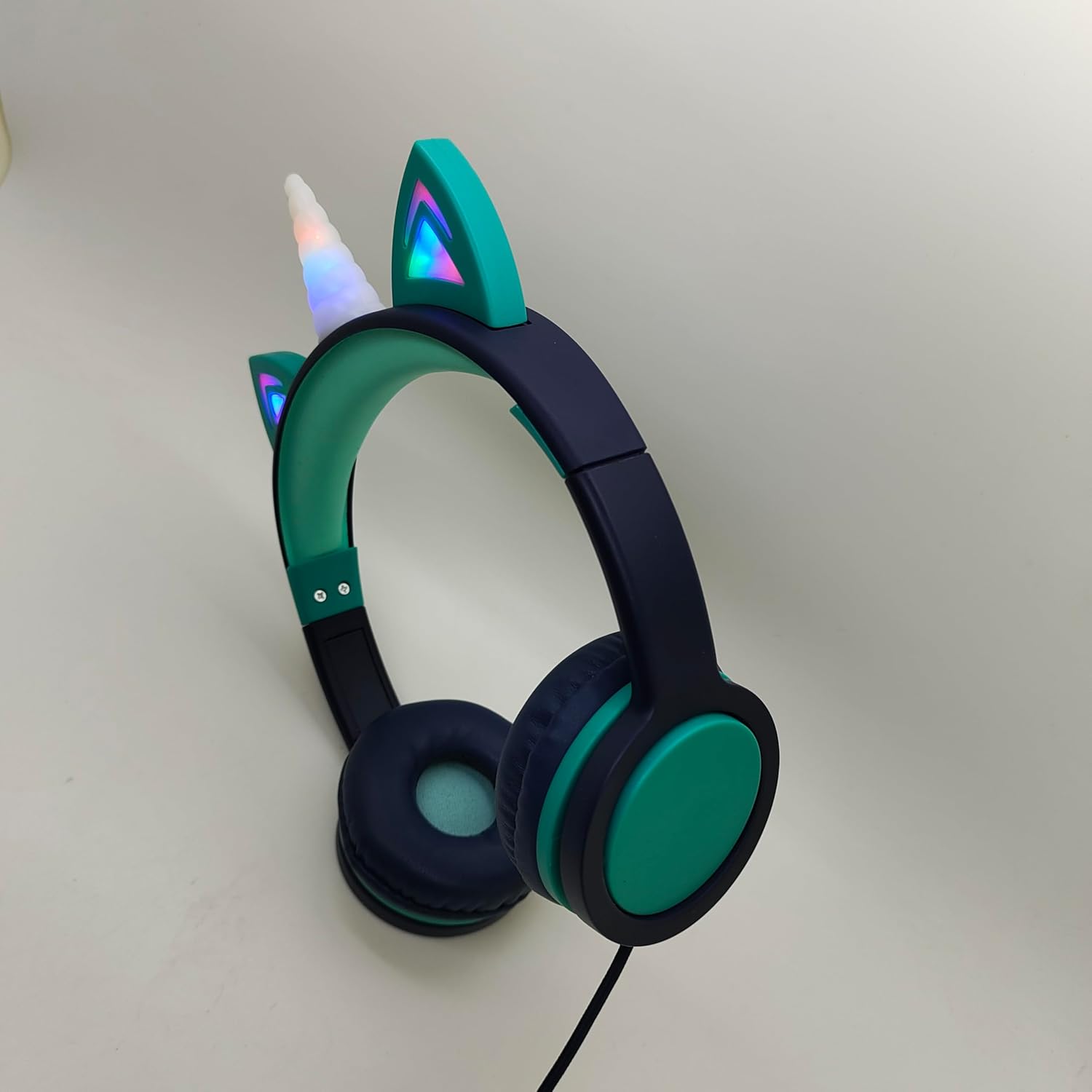 Kids Headphones with LED Unicorn Ears, RGB Lighting, Wired with USB-C Plug, Navy Blue and Teal