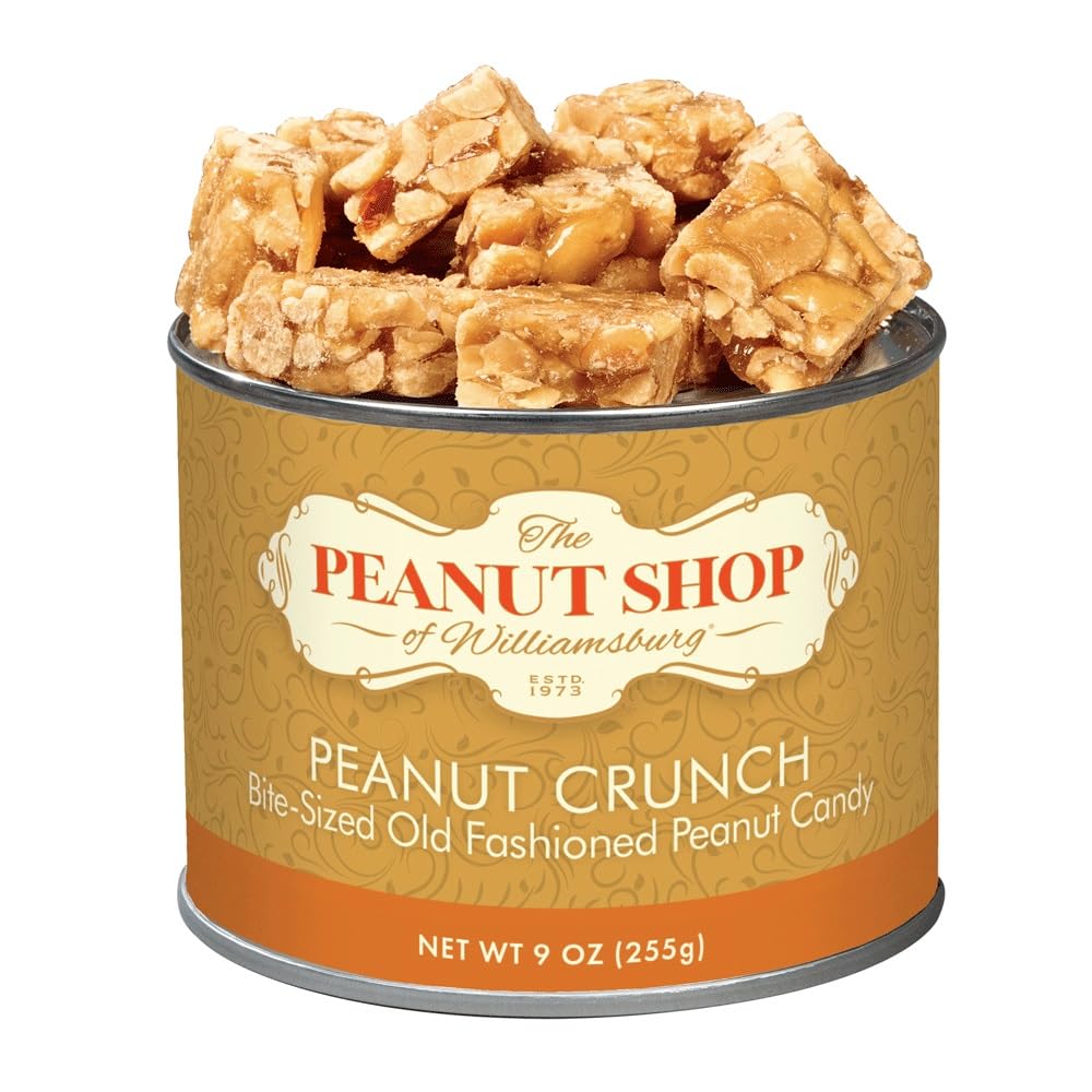 The Peanut Shop of Williamsburg Bite Size Peanut Crunch Squares Old Fashioned Peanut Brittle Crunch Candy Gluten Free - 9 Oz Tin