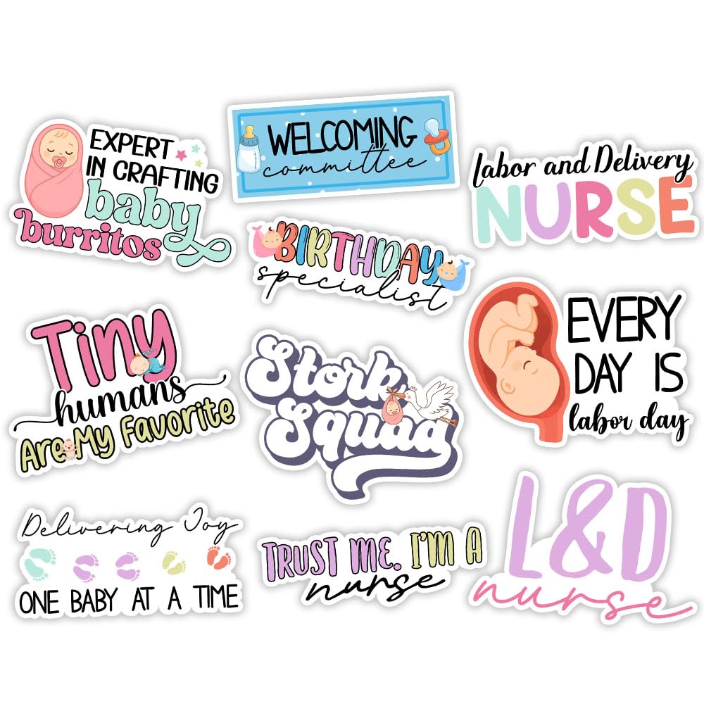 MAIANEY | L&amp;D Nurse Sticker Pack – 10PCS, 3x3 inch, Funny Labor and Delivery Nurse Stickers, Waterproof Vinyl Stickers, NICU, Midwife, RN, Occupation Stickers, Gift, Laptop Water Bottle Decor