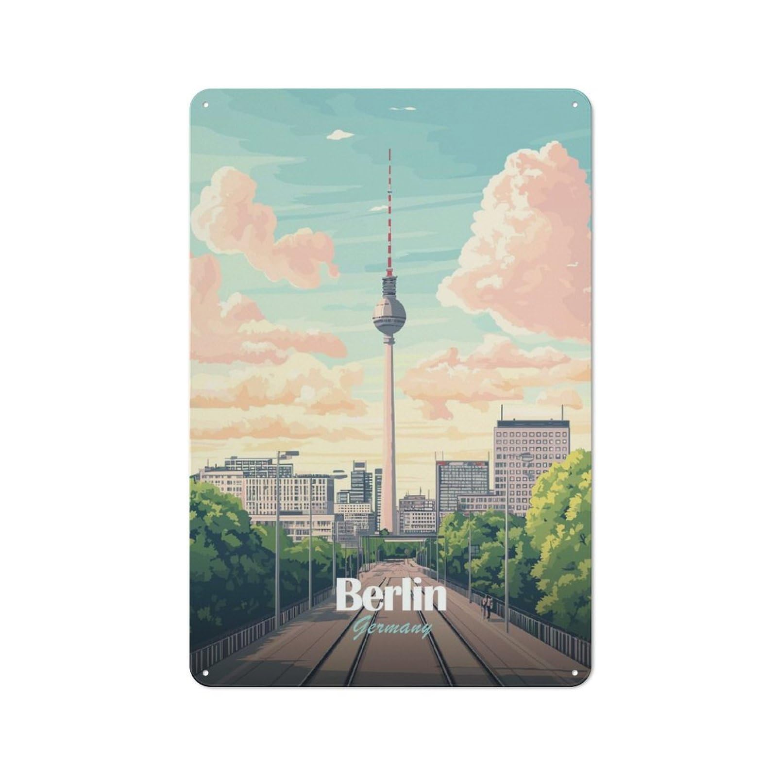 Junmoney Style-12 Berlin, Germany Cityscape Illustration(2) Decorative Metal Wall Decor 30X20cm, Metal Gift Sign For Hallway, Home Bar, Garage Or Study
