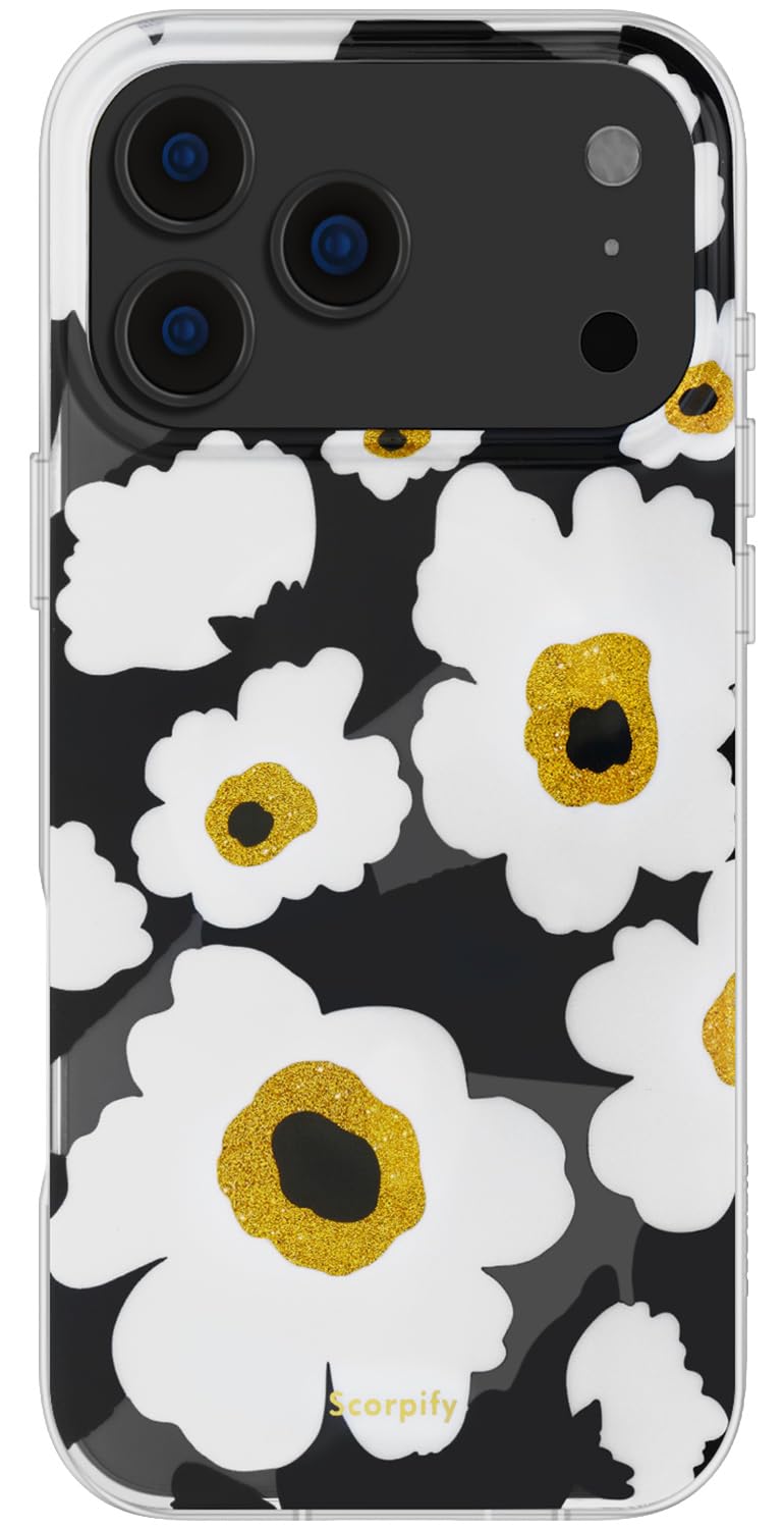 SCORPIFY for iPhone 17 Pro Case [Compatible with MagSafe] with Black Corn Poppy Floral Design, Cute Clear Flower Magnetic Phone Cover for Women Girls, Slim Bumper with Gold Accents