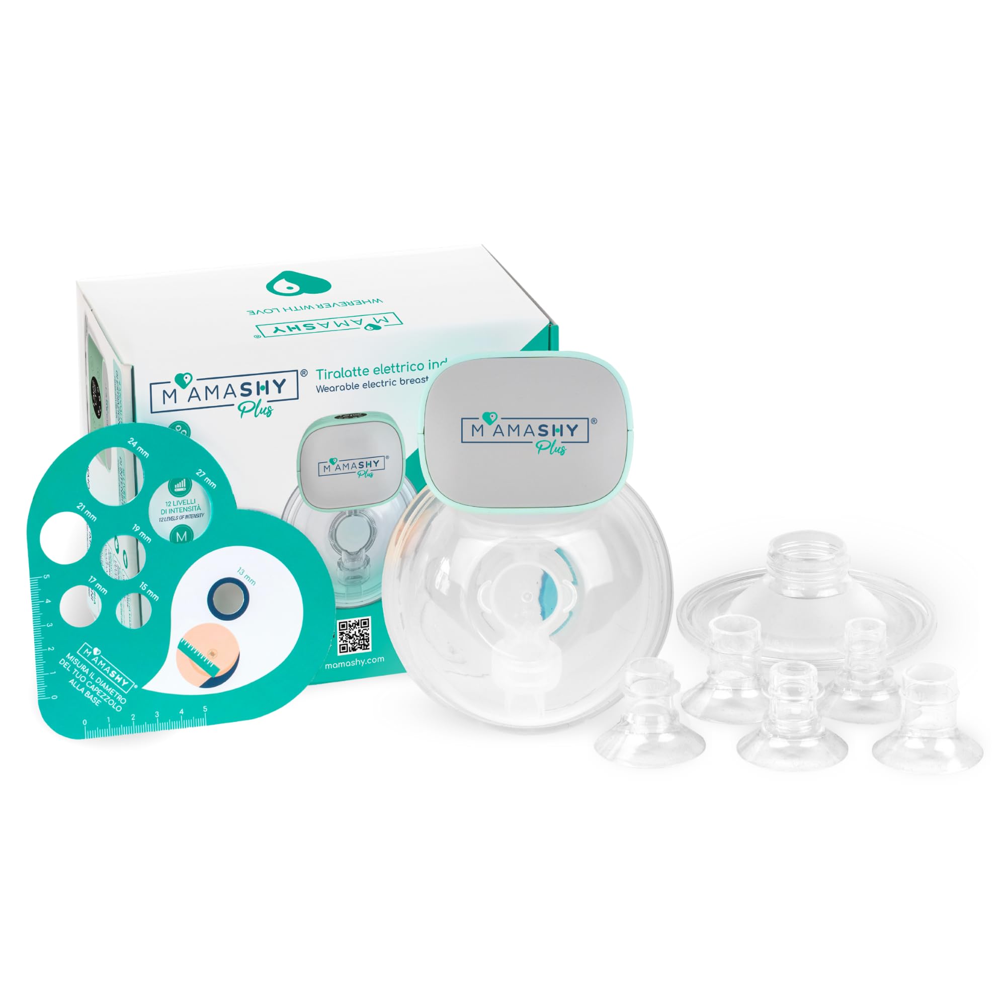 MAMASHY PLUS Tiralatte Elettrico Indossabile - Adatto a tutte le Taglie Unico con 6 Flange incluse, Ergonomico e Silenzioso in Morbido Silicone, Senza BPA, Ricaricabile USB, Neonato Accessori Utili