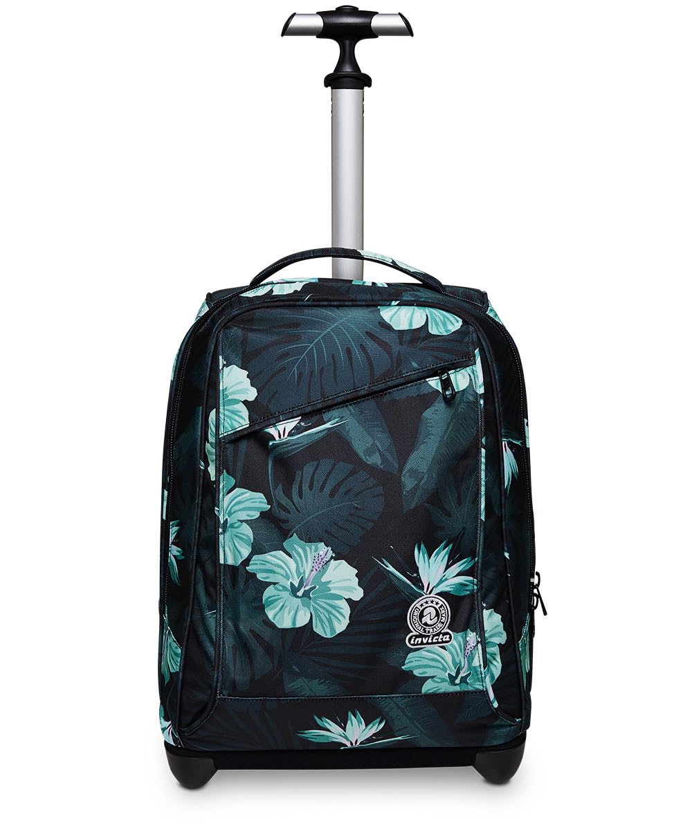 Invicta Trolley Scuola Fantasy, HIBISCUS, Azzurro e Verde, 2 in 1 con Spallacci per Uso Zaino, Scuola, Bambine e Ragazze