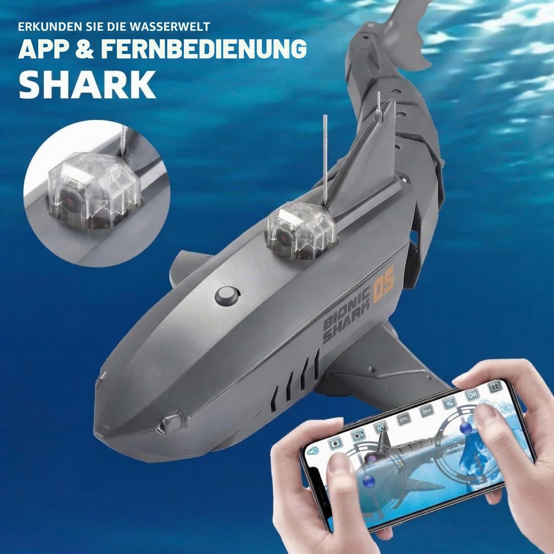 2,4GHz Ferngesteuerter RC-Hai mit APP-Kamera – Wasserdichtes Hai-Boot mit Doppelmotor, 360° Drehung und Wiederaufladbarem Akku, Sommer-Wasserspielzeug für Pool und See (Schwarz)
