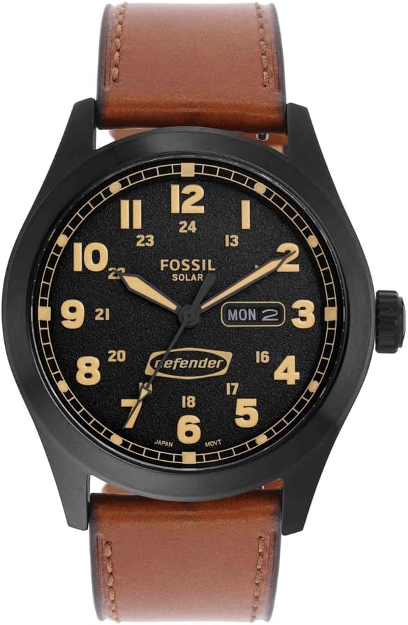 Defender Watch for Men, Solar Powered Three Hand Date with Stainless Steel or Leather Strap