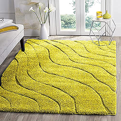 Image of Textured Wave Shaggy Rectangular Carpet For Living Room,Bedroom,High Low Design Finish Microfiber 1.8 Inch Pile High,4X6 Feet Yellow|Yellow Color