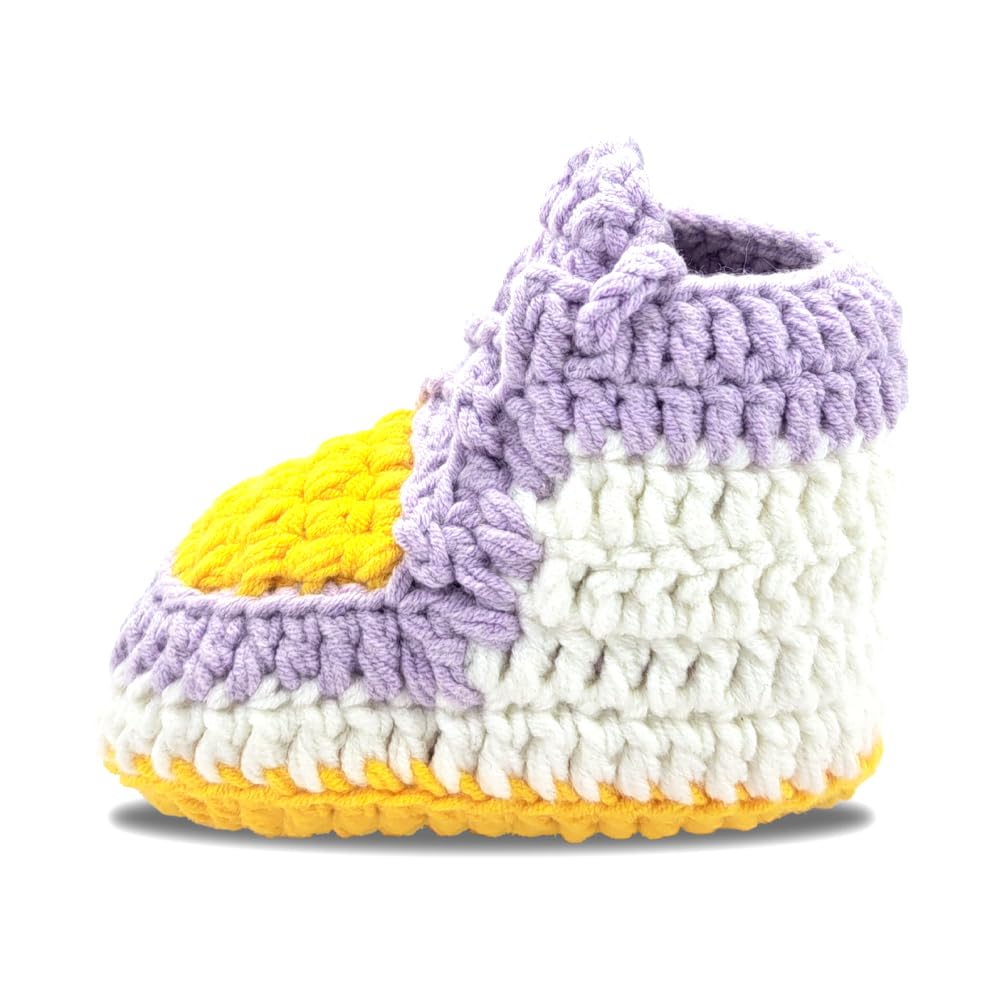 THEFAMIE Crochet Baby Shoes for Boys & Girls, Soft, Warm, Comfortable Sneakers for Infants & Toddlers (3-6 Months, Lavender and Yellow, US Size System, Medium) Stylish Lightweight Booties