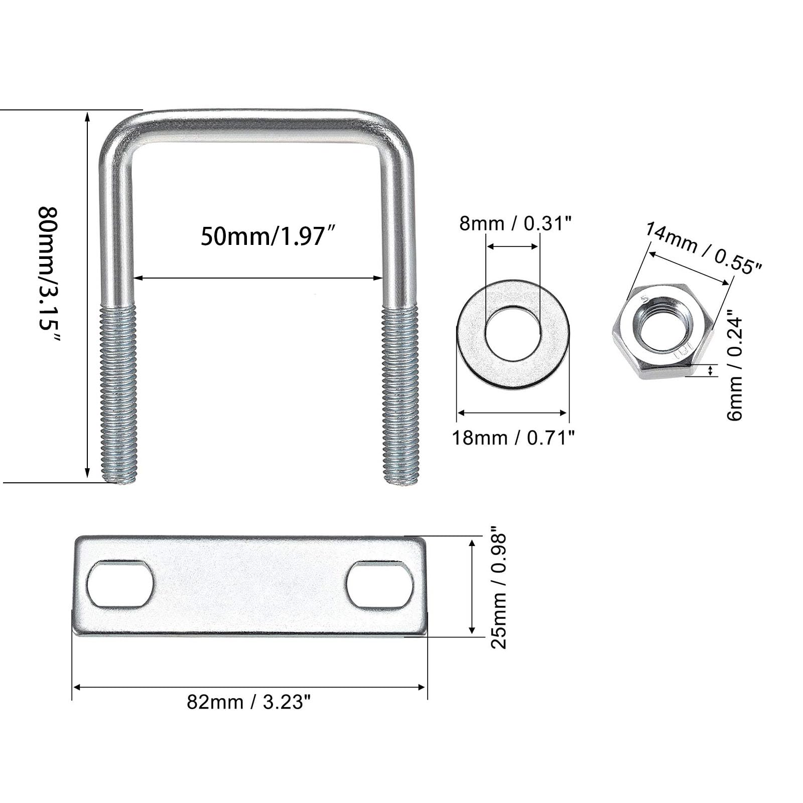 TA-VIGOR 4 sets M8 Square U-Bolts, 50mm Inner Width 80mm Length Steel U-Bolts with Nut, Plate - Image 2