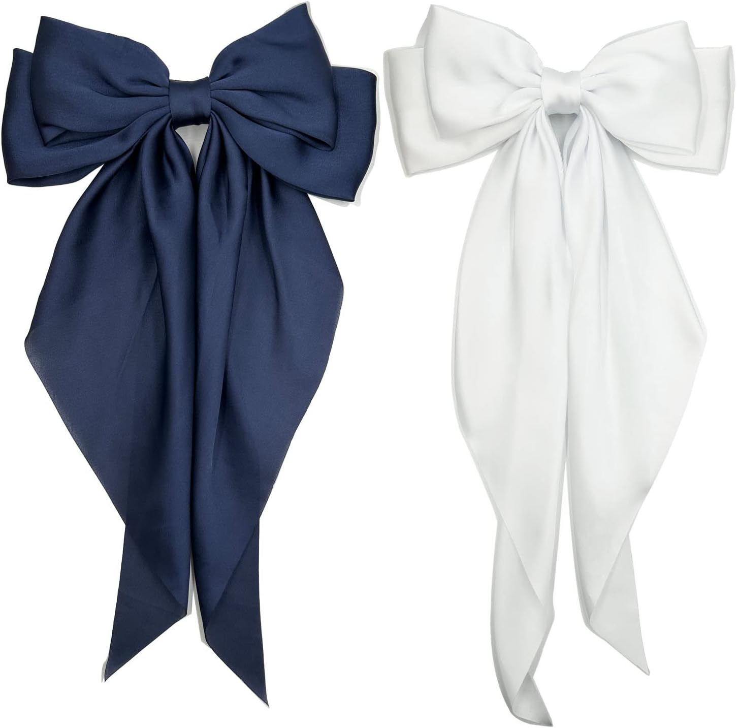 Satin Hair Barrettes Clip for Women Large Bow Hair Slides Metal Clips French Barrette Bowknot with Long Tail Silk Hair Bow Hairpin 90's Hair Accessories (White+Navy Blue)