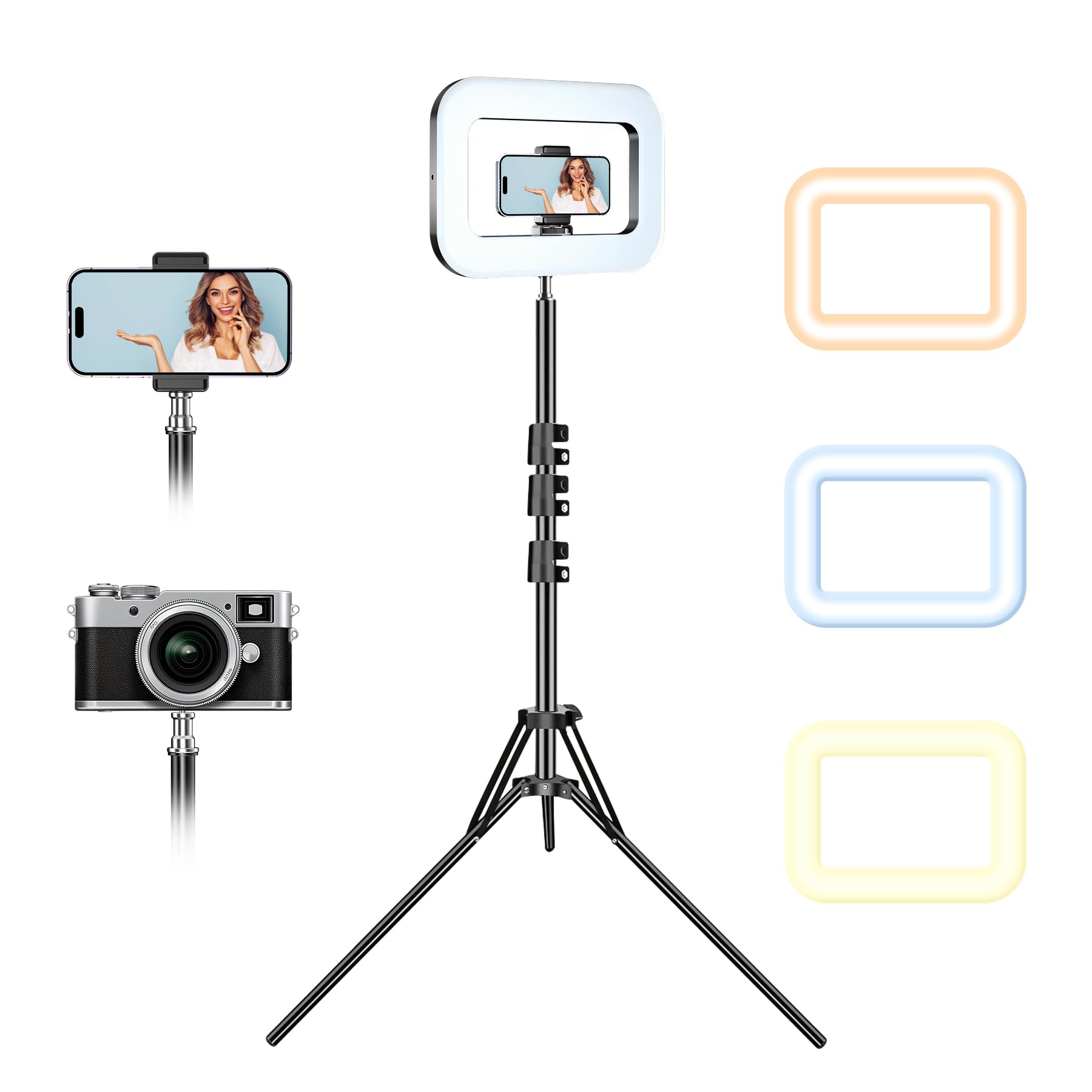 Luce ad anello ricaricabile con supporto per registrazione video, treppiede dimmerabile per iPhone, luce quadrata con supporto per telefono, per creatori di contenuti, selfie, trucco, live streaming