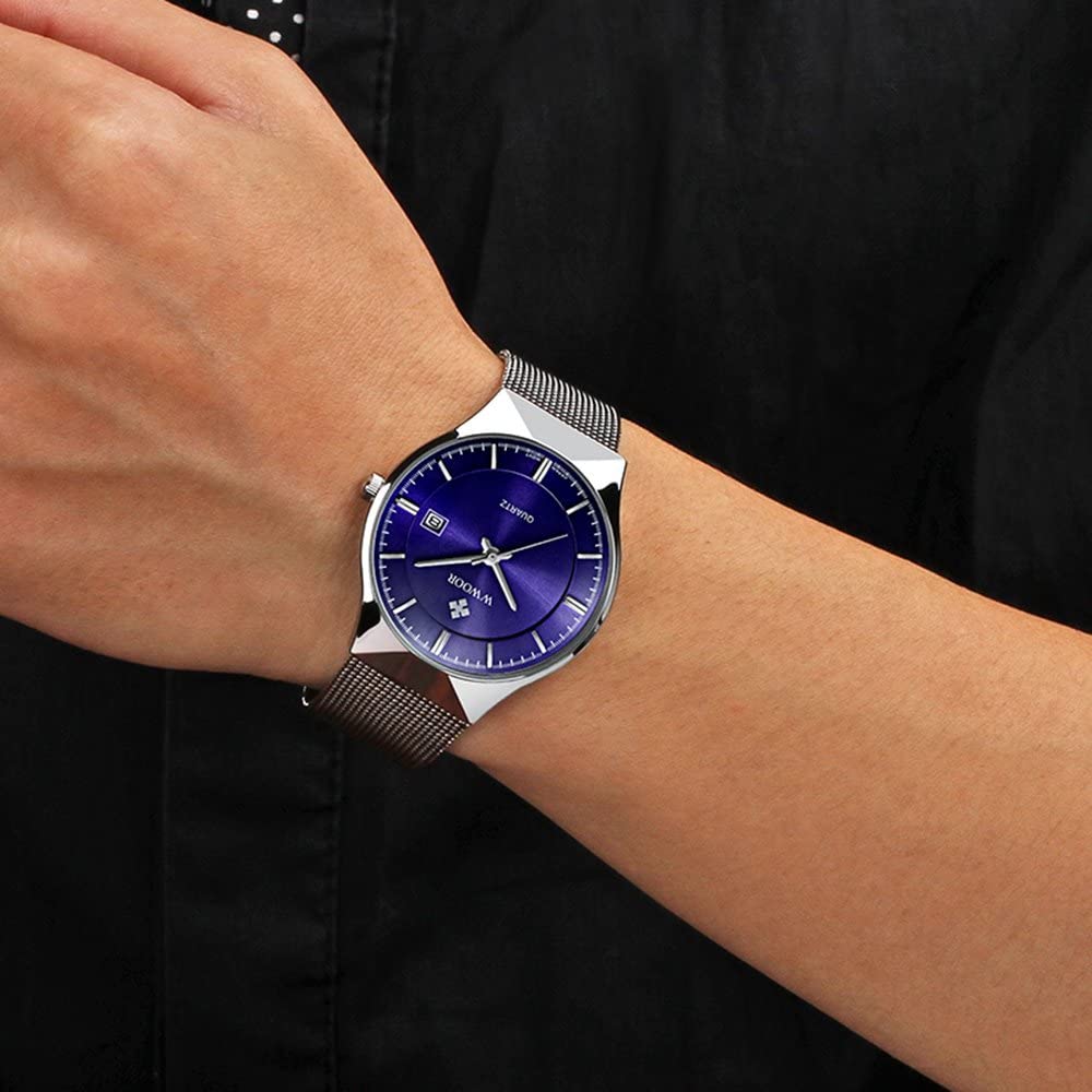 Reloj de Pulsera para Hombre, Ultra Fino, de Acero Inoxidable, Correa de Malla, Cuarzo, con Fecha, Resistente al Agua