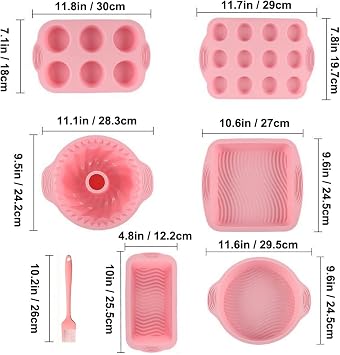 Acidea Nonstick Silicone Bakeware Set, 7pcs Baking Cake Pan, Economical BPA Free Heat Resistant Bakeware Suppliers Tools Kit with Silicone Brush for DIY Loaf Bread Cheesecake Pizza Cupcake Muffin