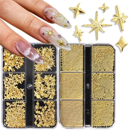 Fspronail Star Nail Charms 2 Boxes Gold Nail Charms Twinkle Stars Cross Metal Charms for Nails Design Studs Rivets Mix Size Gold Caviar Nail Beads Y2K Decoration for Acrylic Nails