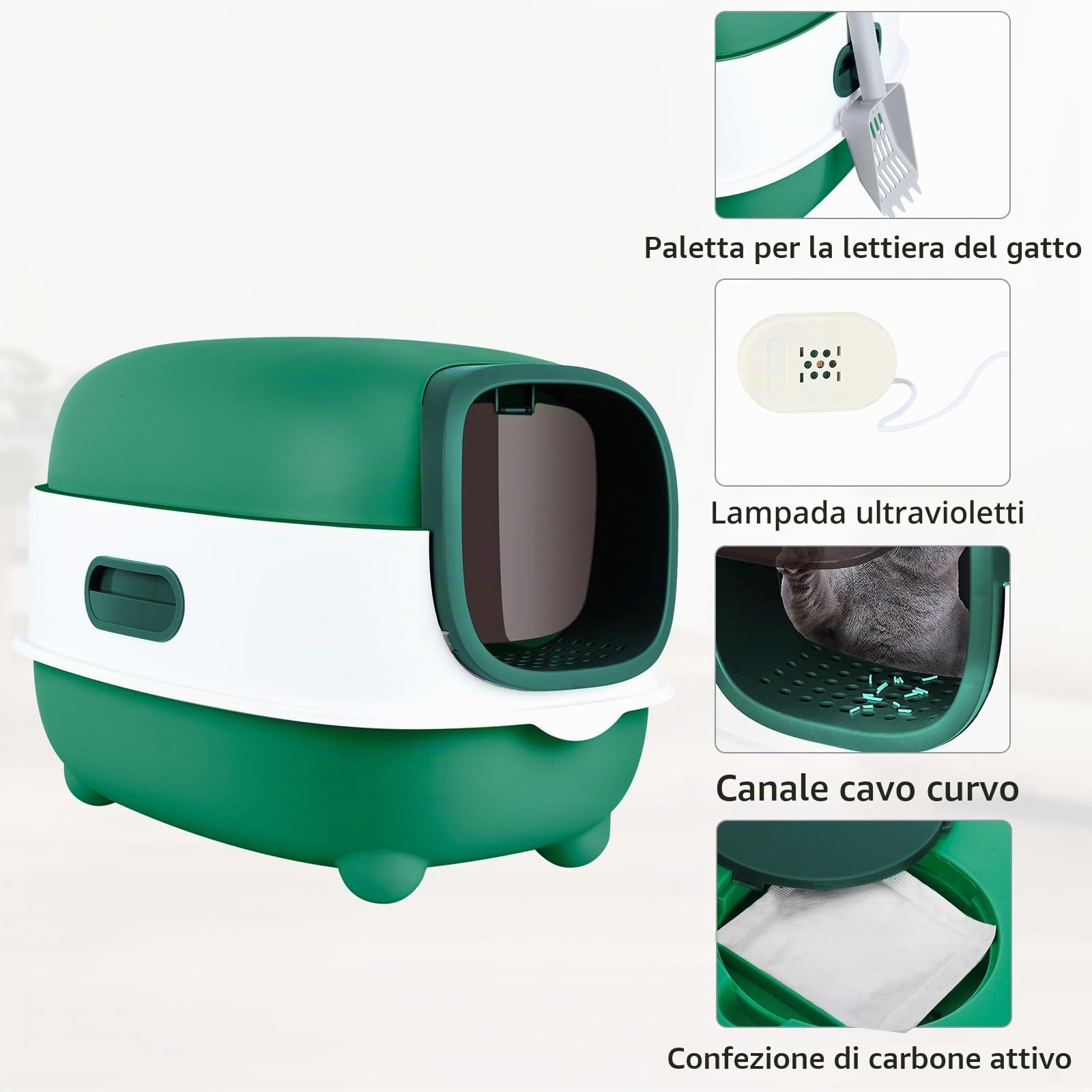 Lettiera per gatti autopulente/lettiera autopulente/casa di toilette per gatto/con confezione deodorante (Top)/ lettiera sterilizzata a raggi ultravioletti (A, verde)