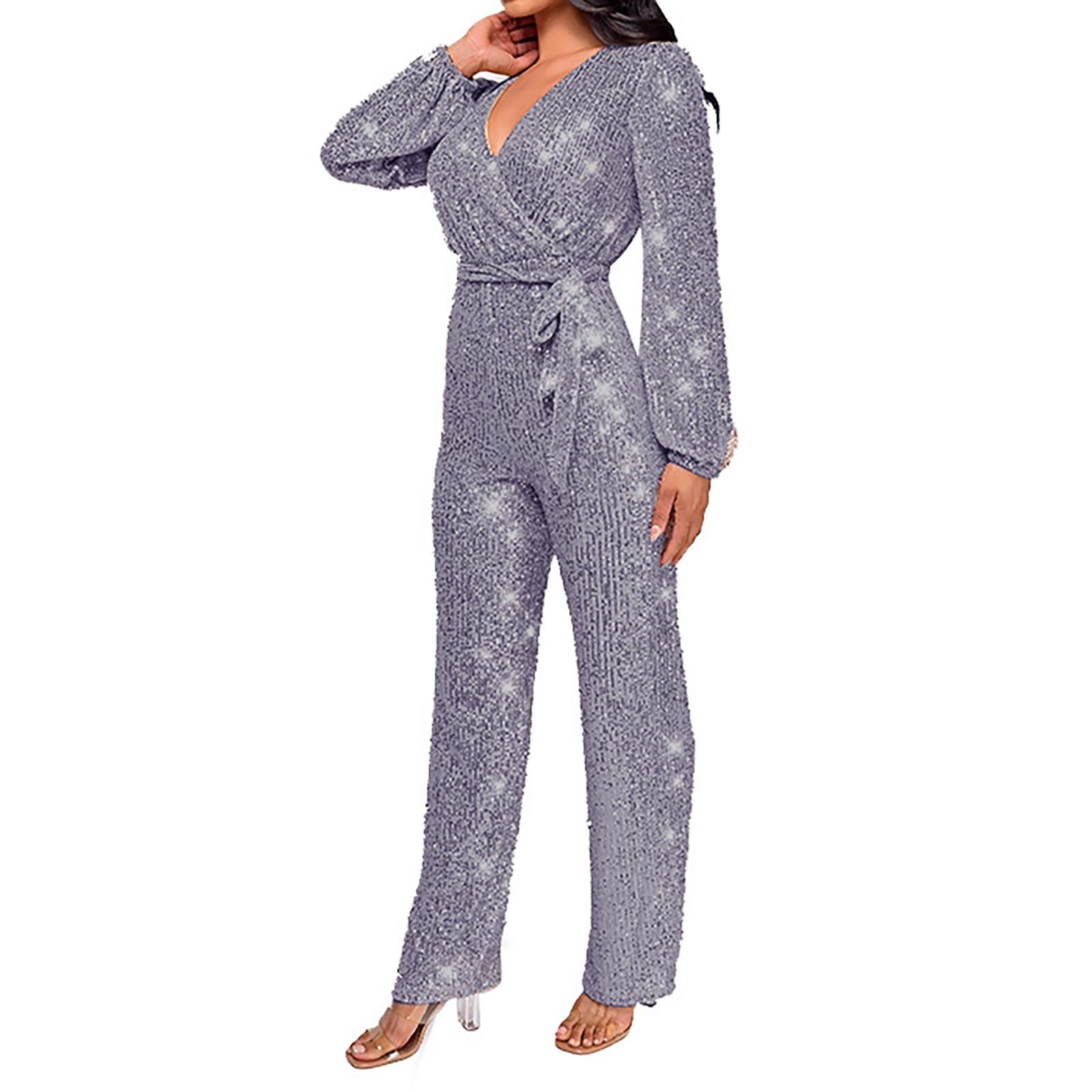 Tuta da donna lucida estiva lunga con paillette, salopette con scollo a V, per cocktail, per matrimonio, a vita alta, per matrimonio, per matrimonio