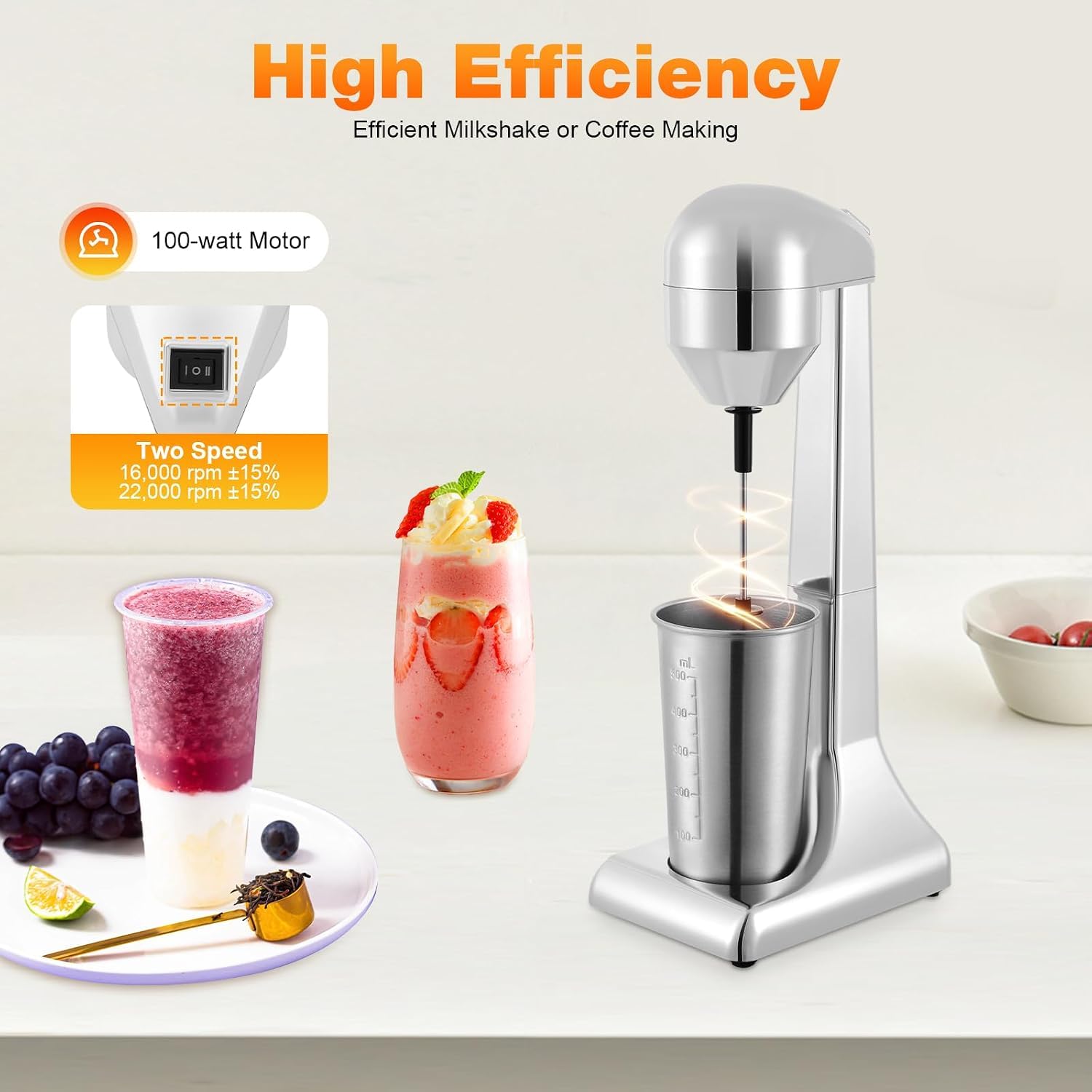 Batidora Eléctrica Comercial, Máquina De Batidos De Acero Inoxidable, Mezcladora De Cócteles, Tés Y Batidos, Batidora De Pie De Un Solo Cabezal, 2 Velocidades Con Vaso De Acero Inoxidable De 500