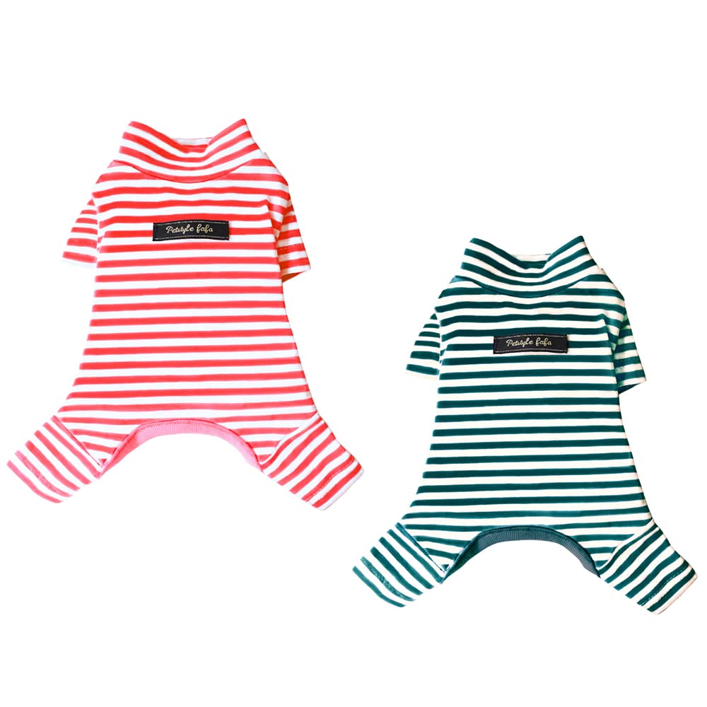 Hdwk&Hped Soft Cotton Dog Pajamas for All Seasons, Striped Pet Bottoming Jumpsuit for Small Dog Cat Puppy (#3, Striped Style - 2-Pack(red&Dark Green))