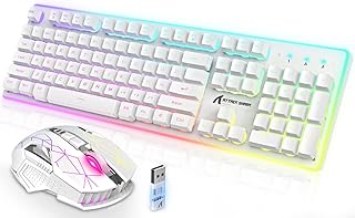 Wireless Mechanical Feel 4200mAh Rechargeable Gaming Keyboard Mouse Combo Full Size USB+Type-C Dual Interface Receiver RGB illuminated Mice Apex Pro Kontrol Freek for PC Computer Gamer PS4 XBOX,White