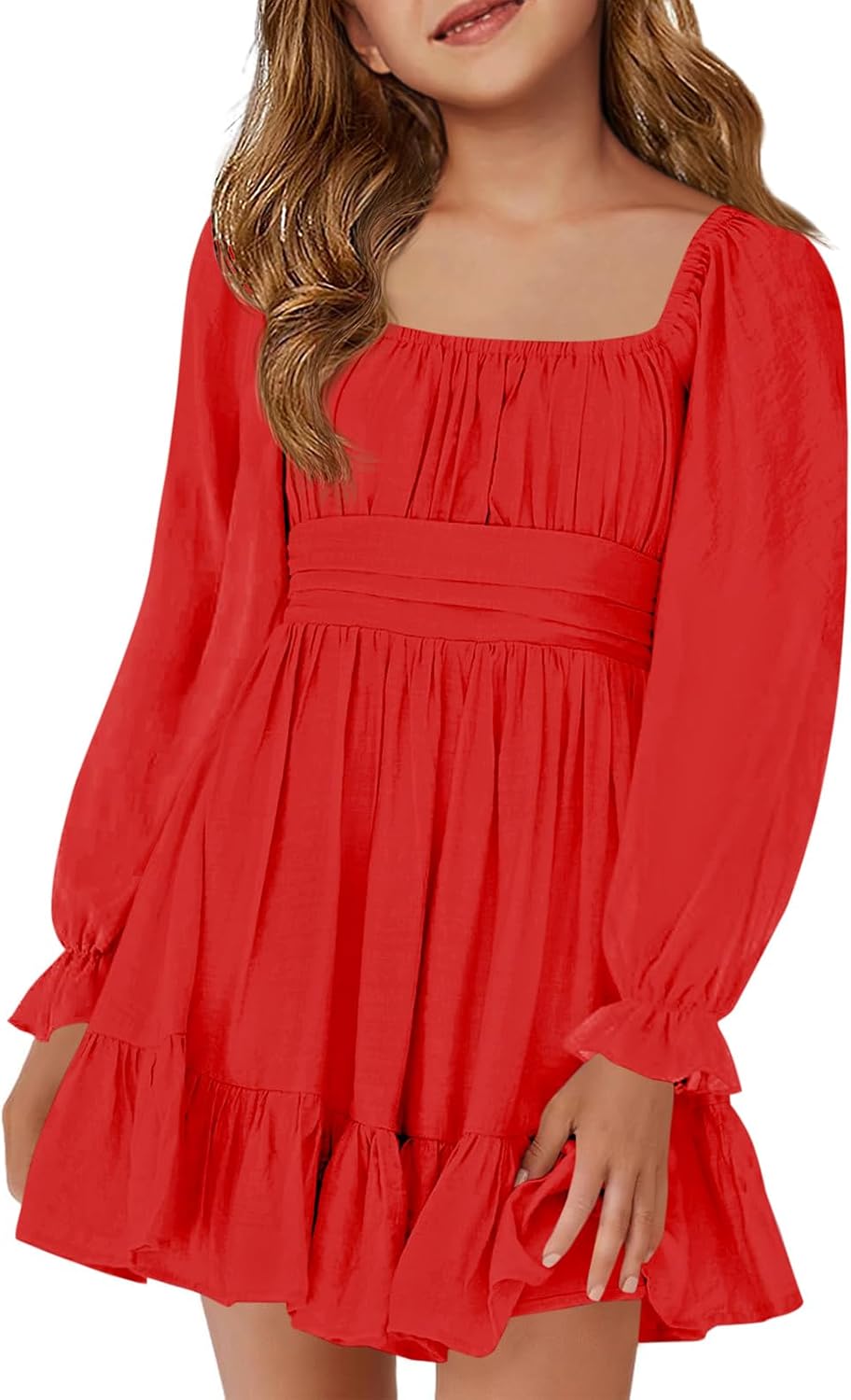 Haloumoning Girls Long Sleeve Dress Kids Tie Back Ruffle Dresses 5-14 Years