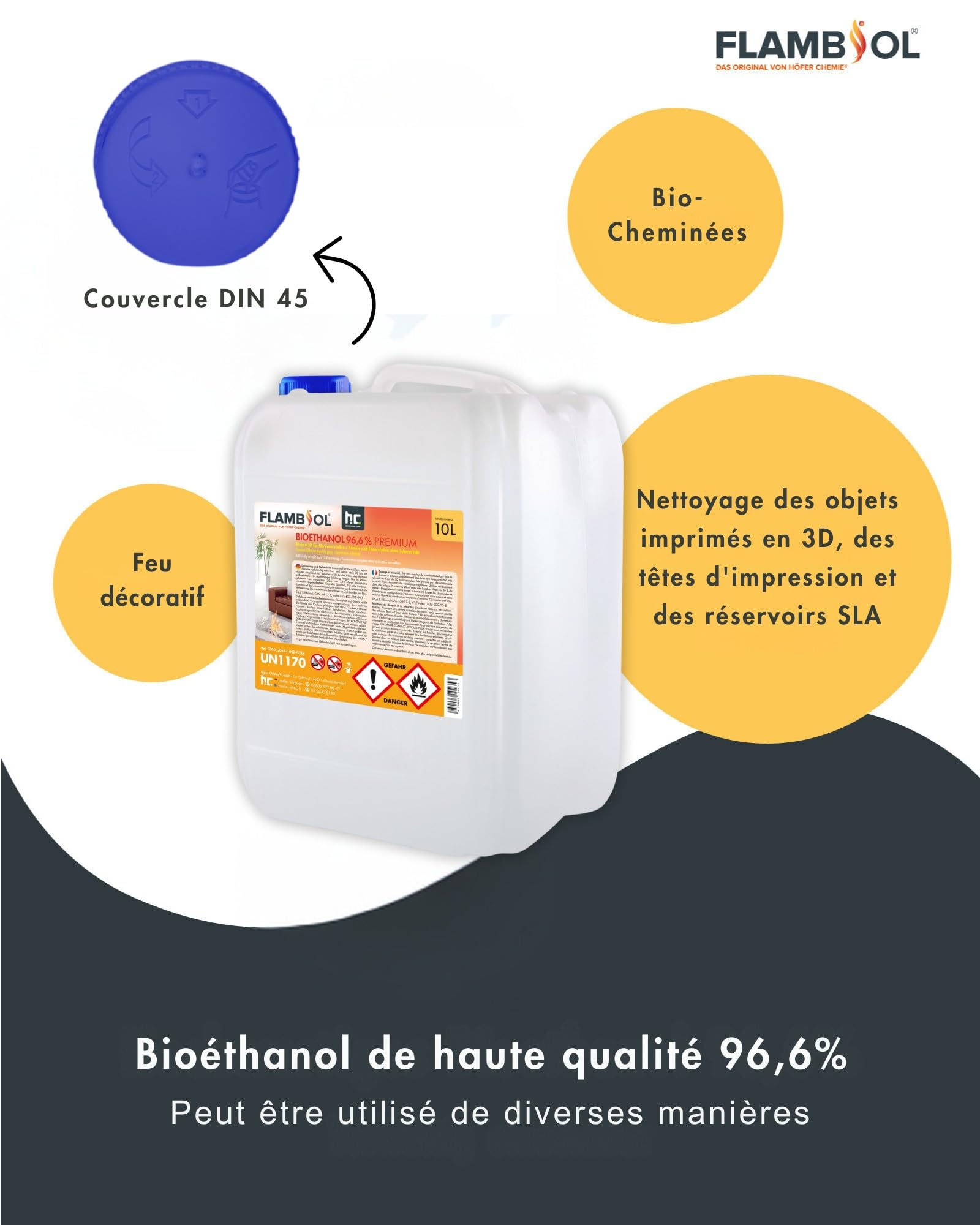 Höfer Chemie Bioéthanol 96,6% Premium 3 x 10L - Éthanol pour Cheminées de Table, Cheminées et Décorations Extérieures de Jardin - sans Fumée ni Suie - A Base de Maïs et de Betterave Sucrière