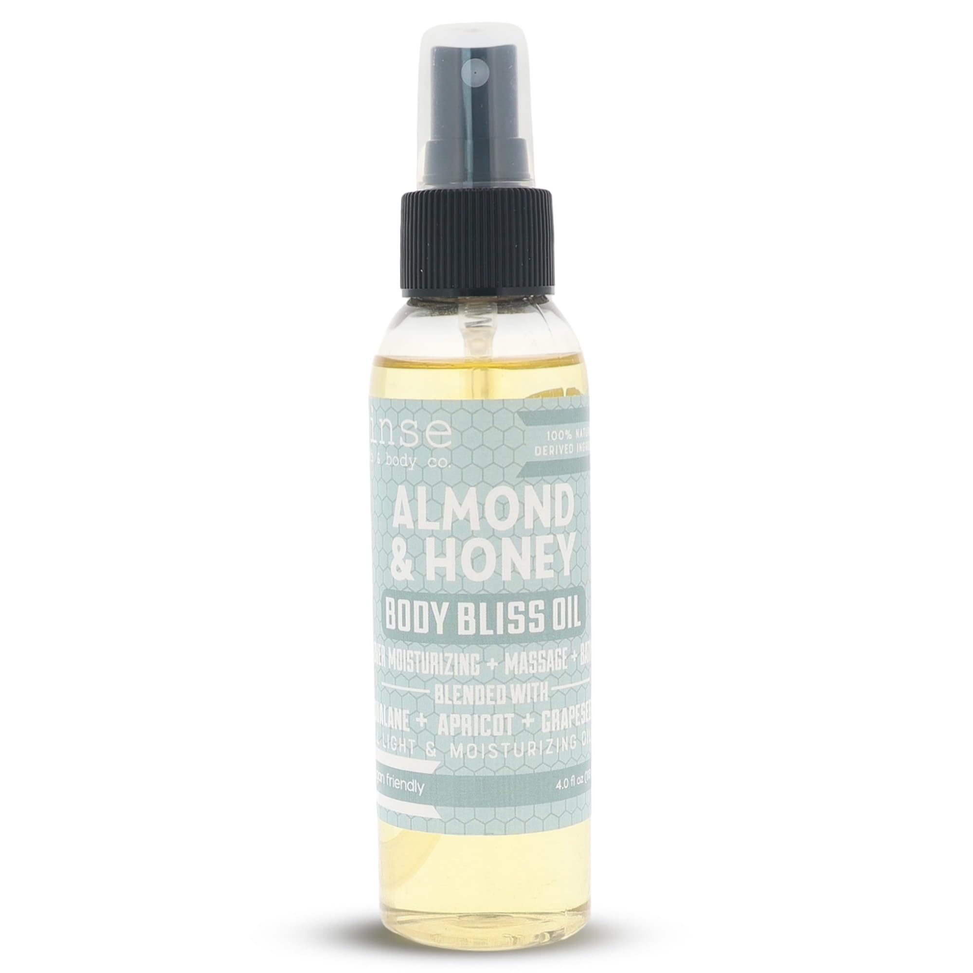 Rinse Bath & Body Almond & Honey Body Oil Moisturizer Spray - Natural, Light & Fast Absorbing | Squalane, Grapeseed & Apricot Oil | All Skin Types | Shower & Massage | Vitamin E | Handmade | 4floz