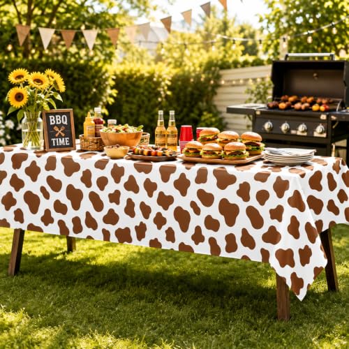 Image of 6 Pack Brown Cow Print Plastic Tablecloths, 54 x 108 Inch Table Covers