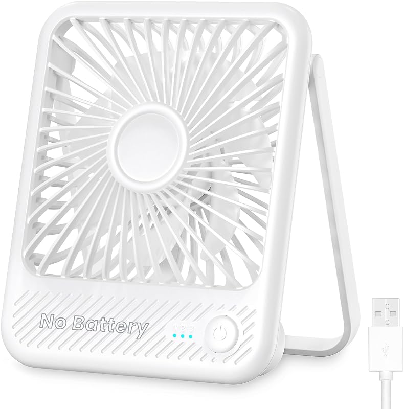 USB Desk Fan, Strong Wind Ultra Quiet Small Mini Fan | 180° Tilt Folding & 3 Speeds Adjustable, USB-C Corded Powered Personal Fan for Office Desktop Bedroom, White, NO BATTERY