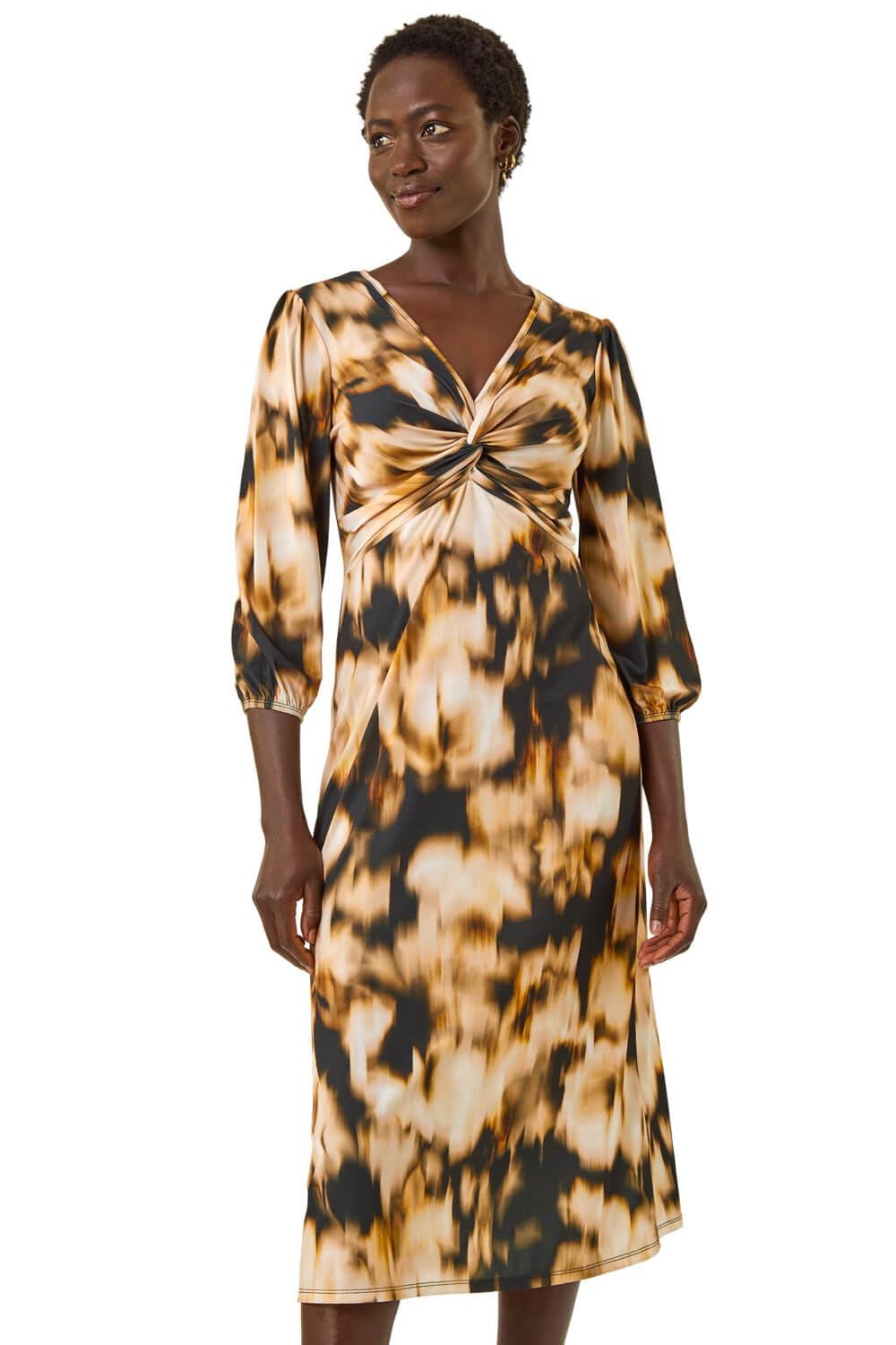 Roman Fit and Flare Dress for Women Ladies Chest Twist Knot Ruched Tea Skater Empire Waist Wedding Guest Smart Casual Swing Midi 3/4 Long Sleeve Knee Length - Tan - Size 14